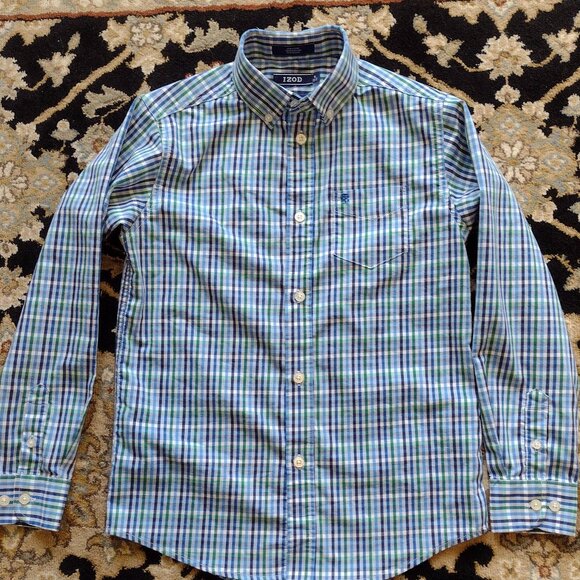 IZOD Boys size Medium 10/12 Blue White Plaid Long Sleeve Button Down Shi… - Picture 1 of 7